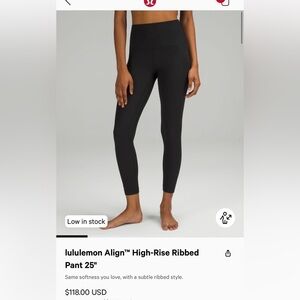 Lululemon Ribbed Align 25” Legging Pant Black SZ 12